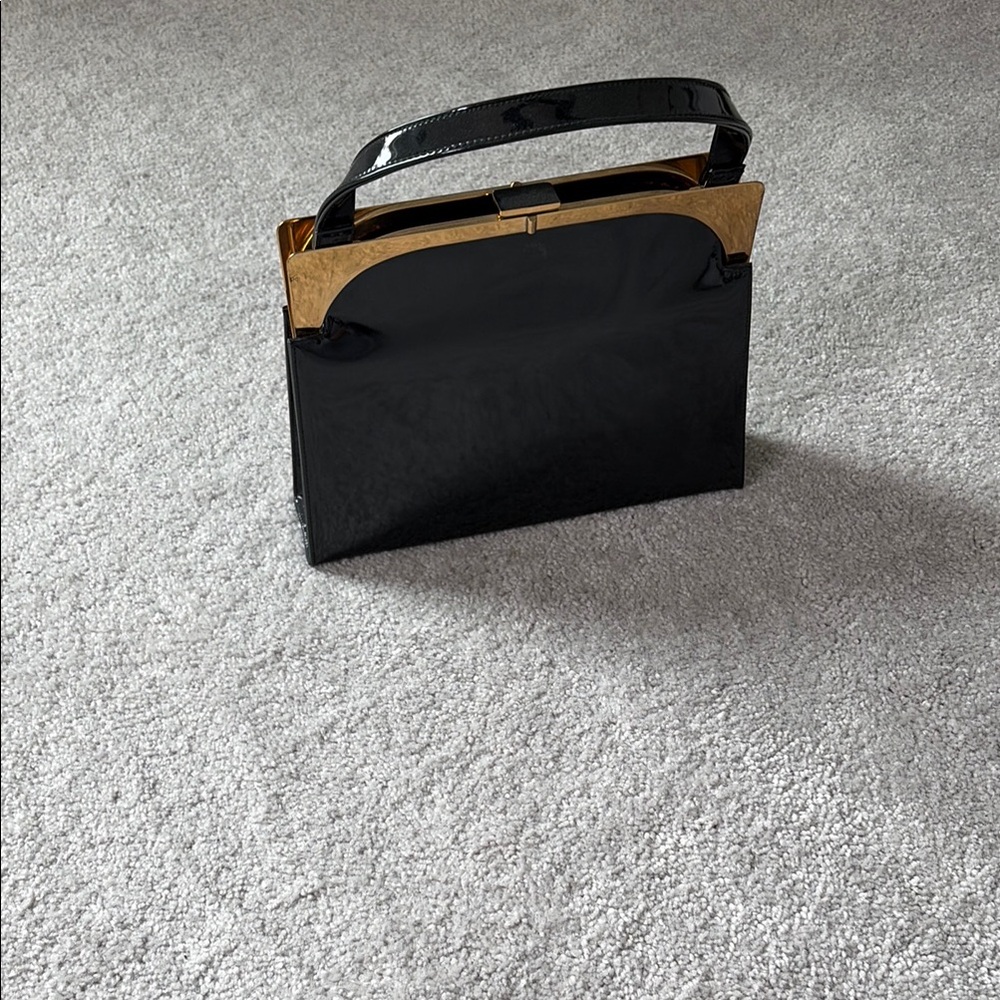 Vintage Black Patent Handbag with Gold Accent